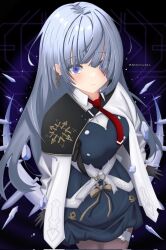 1girl arcaea black_gloves black_pantyhose black_skirt bow collared_shirt earrings expressionless from_above gloves hair_between_eyes highres insight_(arcaea) jewelry long_sleeves necktie pantyhose purple_eyes red_necktie shimoruchiko shirt single_shoulder_pad skirt smile solo thigh_strap white_hair white_shirt yellow_bow