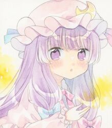 Rule 34 | 1girl, blue bow, blush, bow, crescent, crescent hat ornament, hair bow, hat, hat ornament, highres, kagome f, long hair, long sleeves, looking at viewer, mob cap, multiple hair bows, open mouth, painting (medium), patchouli knowledge, pink bow, pink hat, pink robe, purple eyes, purple hair, robe, shikishi, sidelocks, solo, touhou, traditional media, upper body, watercolor (medium)