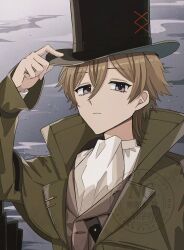 1boy :| ascot black_hat brown_hair closed_mouth cloud coat grey_background grey_coat hand_on_headwear hand_up hat highres looking_at_viewer male_focus ohuman oliver_fog purple_eyes reverse:1999 shirt short_hair solo top_hat upper_body watermark white_ascot white_shirt