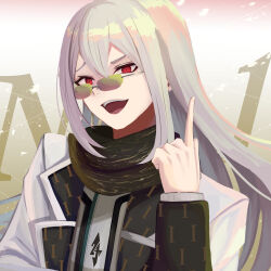 Rule 34 | 1boy, :d, black scarf, commentary request, glasses, gradient background, grey hair, hair between eyes, highres, ichinose kazuma, jacket, kano ruto, long hair, looking at viewer, male focus, open mouth, pointing, pointing up, portrait, raised eyebrow, red eyes, scarf, smile, solo, teeth, tribe nine, upper teeth only, white jacket
