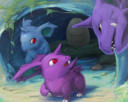 brown_eyes commentary_request creature egg eye_contact fangs gen_1_pokemon highres looking_at_another looking_down looking_up nidoking nidoran nidoran_(female) nidoran_(male) nintendo no_humans pokemon pokemon_(creature) polyacryla red_eyes size_difference