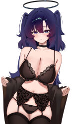 1girl absurdres bare_shoulders black_bra black_choker black_garter_belt black_hair black_panties black_thighhighs blue_archive blush bra breasts choker cleavage collarbone commentary garter_belt hair_between_eyes highres lace lace-trimmed_bra lace_trim large_breasts long_hair looking_at_viewer mcbox navel off_shoulder panties parted_lips purple_eyes purple_hair simple_background solo symbol-only_commentary thighhighs two_side_up underwear very_long_hair white_background yuuka_(blue_archive)