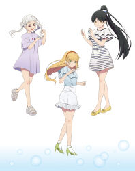 3girls arashi_chisato artbook black_hair blonde_hair blunt_bangs bow double_bun dress full_body green_eyes grey_dress hair_bow hair_bun hairband hazuki_ren heanna_sumire high_heels highres long_hair looking_at_viewer love_live! love_live!_superstar!! multiple_girls non-web_source official_art open_mouth orange_hairband ponytail red_eyes red_hairband shirt shoes smile twintails white_background white_hair yellow_eyes