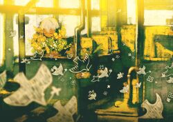 1boy boots closed_eyes closed_mouth commentary_request dark-skinned_male dark_skin desk dot_nose double-parted_bangs expressionless film_grain flower green_theme hair_between_eyes highres indoors industrial_pipe jimini_shijimi limited_palette long_bangs original short_hair simple_bird unworn_boots white-haired_man_(jimini_shijimi) white_hair yellow_theme