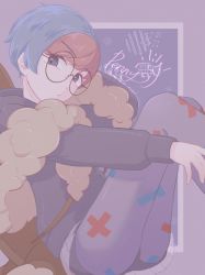 1girl :&lt; arm_behind_head arms_up artist_name backpack bag black-framed_eyewear black_eyes black_shorts black_sweater blue_hair bob_cut border character_name closed_mouth eevee english_text female_focus gen_1_pokemon glasses grey_pantyhose highres hood hood_down hooded_sweater knees_up legs legs_together lemonade_kokoi long_sleeves looking_at_viewer miniskirt multicolored_hair nintendo objectification outside_border outstretched_arm pantyhose penny_(pokemon) pleated_skirt pokemon pokemon_sv print_pantyhose purple_border red_hair round_eyewear see-through_clothes see-through_skirt short_hair short_shorts shorts shorts_under_skirt signature skirt solo sweater swept_bangs thighs twitter_username two-tone_hair