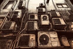 Rule 34 | absurdres, air conditioner, greyscale, highres, ibsukionsen, industrial pipe, ladder, machinery, monochrome, no humans, object focus, original, painting (medium), scenery, still life, traditional media, window