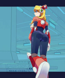 1girl alia_(mega_man) armor ass ass_focus black_border blonde_hair blue_background blue_eyes border eyebrows_hidden_by_hair from_behind hair_over_shoulder headphones highres long_hair mega_man_(series) missing_commentary red_armor rikka_(user_hruv2435) smile solo thighs twitter_username watermark