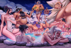 1girl 6+boys abs absurdly_long_hair afloat androgynous arm_hair avalo_pizarro back beard belly biceps black_hair blush bottle breasts catarina_devon cleavage closed_eyes collarbone completely_nude convenient_censoring cup dated doc_q drunk earrings facial_hair facial_mark fat fat_man gauntlets giant glasses grey_hair hairy height_difference high_ponytail highres holding holding_cup horns huge_breasts jesus_burgess jewelry lafitte_(one_piece) lips lipstick long_hair long_nose looking_at_another makeup male_focus marshall_d._teach mature_female mature_male missing_tooth mixed-sex_bathing multiple_boys muscular muscular_male musical_note mustache naked_towel navel night nipples nose_blush nude obese one_piece onsen open_mouth outdoors pale_skin partially_submerged pectorals ponytail purple_hair rubber_duck sake_bottle sanjuan_wolf shared_bathing shiryuu_(one_piece) sitting size_difference sky small_head smile snow standing star_(sky) starry_sky steam stomach stubble tan tongue tongue_out towel twitter_username v-shaped_eyebrows van_augur vasco_shot very_long_hair wading walking water wet youkan_(tako)