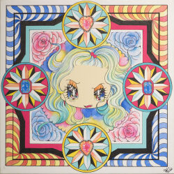 Rule 34 | 1girl, absurdres, angry, blue flower, blue rose, chibi, chibi only, disembodied head, earrings, eyelashes, flower, front ponytail, gyaru, heart, highres, jewelry, mandala, multicolored eyes, multicolored hair, original, rose, solo, sparkling eyes, wavy hair, yurie sekiya