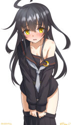 Rule 34 | 1girl, ahoge, black hair, black sailor collar, black serafuku, blush, clothes pull, cowboy shot, crescent, crescent hair ornament, crescent pin, embarrassed, hair ornament, kantai collection, long hair, long sleeves, looking at viewer, mikazuki (kancolle), neckerchief, necktie, open mouth, ray.s, sailor collar, school uniform, serafuku, skirt, skirt pull, solo, white background, white neckerchief, white necktie, yellow eyes