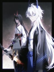 1boy 1girl acheron_(honkai:_star_rail) acheron_(izumo)_(honkai:_star_rail) blue_eyes blue_horns chinese_commentary closed_mouth couple fire from_side gradient_background hair_between_eyes highres holding holding_sword holding_weapon honkai:_star_rail honkai_(series) horns japanese_clothes katana kevin_kaslana kimono long_hair long_sleeves looking_ahead looking_at_viewer looking_to_the_side purple_eyes purple_hair red_horns red_sash sash standing sword tcuas weapon white_hair wide_sleeves