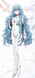 1girl absurdres ayanami_rei bident blue_hair bodysuit breasts commentary covered_navel eva_00 evangelion:_3.0+1.0_thrice_upon_a_time frown full_body halo highres humanoid_robot interface_headset_(evangelion) kiritzugu lance_of_longinus_(evangelion) long_hair looking_at_viewer mecha_pilot_suit medium_breasts neon_genesis_evangelion plugsuit_(evangelion) polearm rebuild_of_evangelion red_eyes robot solo standing very_long_hair weapon white_bodysuit