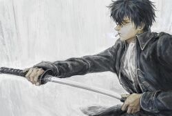 1boy arm_up ascot bandaid bandaid_on_face bandaid_on_nose black_hair black_jacket cigarette coldresss commentary cowboy_shot drawing_sword gintama hashtag-only_commentary highres hijikata_toushirou holding holding_scabbard holding_sword holding_weapon jacket katana long_sleeves male_focus open_clothes open_jacket outstretched_arm shinsengumi_(gintama) short_hair sleeve_cuffs smoke solo sword weapon white_ascot wing_collar