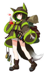 1girl absurdres bloomers blue_eyes blush boots bracelet braid brown_bag brown_boots brown_hair closed_mouth colored_inner_hair flask frown full_body green_hair highres holding holding_flask hood hood_up hooded_jacket jacket jewelry long_sleeves multicolored_hair original roco_(rocoroco1115) simple_background solo streaked_hair tail two-tone_hair underwear vial white_background white_bloomers