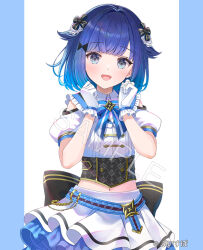 1girl belt black_bow blue_belt blue_bow blue_bowtie blue_eyes blue_hair blue_sailor_collar blue_skirt blush bow bowtie clothing_cutout collared_shirt copyright_name cowboy_shot frilled_gloves frilled_skirt frills gloves gradient_hair hair_bow hair_flaps hair_ornament hands_up layered_skirt long_sleeves multicolored_hair multiple_hair_bows open_mouth puffy_sleeves sailor_collar sample_watermark serino_itsuki shirt short_hair short_sleeves shoulder_cutout skirt solo tsumugi_kokage virtual_youtuber vspo! waist_bow wallet_chain watermark white_gloves white_shirt white_skirt