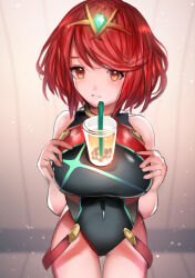 1girl absurdres bare_shoulders black_one-piece_swimsuit breasts bubble_tea bubble_tea_challenge cowboy_shot highres large_breasts one-piece_swimsuit pyra_(pro_swimmer)_(xenoblade) pyra_(xenoblade) red_eyes red_hair red_one-piece_swimsuit short_hair solo swimsuit tarbo_(exxxpiation) tiara xenoblade_chronicles_(series) xenoblade_chronicles_2