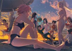 4girls 6+boys aburame_shino akamaru_(naruto) akimichi_chouji arm_support ass bare_legs barefoot beach bikini black_bikini blue_one-piece_swimsuit breasts cloud dog feet food from_behind fruit gluteal_fold hand_on_own_hip haruno_sakura highres holding holding_food holding_fruit hood hoodie hyuuga_hinata hyuuga_neji inuzuka_kiba knee_up long_hair looking_at_another looking_back male_swimwear medium_breasts midriff multiple_boys multiple_girls nara_shikamaru naruto_(series) naruto_shippuuden navel official_art one-piece_swimsuit one_eye_closed orange_bikini outdoors over_shoulder ponytail red_male_swimwear rock_lee running sand short_hair sideboob sitting sky small_breasts smile standing sumirecchi sunglasses sunset swim_trunks swimsuit tenten_(naruto) thighs toes topless_male uchiha_sasuke uzumaki_naruto v water watermelon white_bikini white_hoodie white_male_swimwear yamanaka_ino