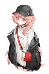1girl absurdres arknights bag black_hat black_jacket black_shorts character_request choker closed_mouth commentary_request cowboy_shot expressionless hat highres jacket ka_keo long_hair mask mask_pull mouth_mask off_shoulder open_clothes open_jacket pink_eyes pink_hair pointy_ears print_shirt red_bag shirt shorts shoulder_bag simple_background solo white_background white_shirt