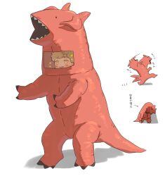 1boy :p afterimage animal_costume arrow_(symbol) blonde_hair cosplay dragon_costume dungeon_meshi excited highres laios_touden looking_ahead male_focus red_dragon_(dungeon_meshi) red_dragon_(dungeon_meshi)_(cosplay) short_hair simple_background sparkle standing tail tail_wagging tongue tongue_out white_background yellow_eyes zarame_pfpf