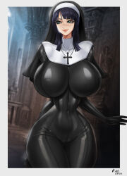 Rule 34 | 1girl, aqua eyes, breasts, covered navel, cross, crucifix, curvy, female focus, gloves, huge breasts, impossible clothes, kyopink, medium hair, narrow waist, nico robin, nun, one piece, skindentation, solo, thick thighs, thighs, wide hips