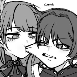 Rule 34 | 1boy, 1girl, anger vein, annoyed, biting, biting cheek, blunt bangs, blunt ends, bodysuit, cheek bulge, cheek pull, clenched teeth, covered collarbone, genshin impact, greyscale, hair intakes, heads together, highres, lann melon, light blush, looking at another, mandarin collar, monochrome, mother and son, raiden shogun, ribbon, scaramouche (genshin impact), shoulder peek, shrug (clothing), single sidelock, swept bangs, teeth, tsurime, wanderer (genshin impact), wispy bangs