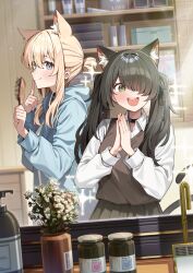 2girls absurdres animal_ears black_choker black_hair black_skirt black_sweater_vest blonde_hair blue_eyes blush cat_ears cat_girl choker closed_mouth comb commentary extra_ears finger_to_mouth green_eyes hair_over_one_eye highres holding holding_comb index_finger_raised indoors long_hair multiple_girls muo_(muojjang_0929) open_mouth original reflection shelf shirt skirt smile sparkle sparkling_aura sweater_vest teeth twintails upper_teeth_only white_shirt
