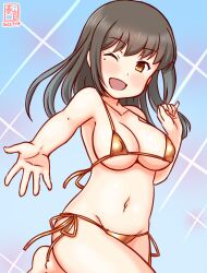 Rule 34 | 1girl, artist name, bikini, black hair, blue background, breasts, brown eyes, commentary request, covered erect nipples, dated, eyebrows hidden by hair, gold bikini, gradient background, hayashio (kancolle), kanon (kurogane knights), kantai collection, long hair, medium breasts, micro bikini, mole, mole under eye, one-hour drawing challenge, one eye closed, side-tie bikini bottom, smile, solo, sparkle background, standing, standing on one leg, swimsuit