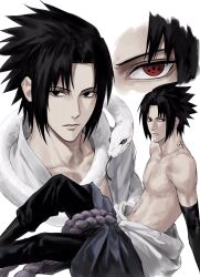 1boy black_eyes black_hair closed_eyes collarbone detached_sleeves from_side highres male_focus naruto_(series) naruto_shippuuden no_nipples red_eyes sharingan short_hair simple_background snake snake_wrapped_around_neck solo sso_s toned toned_male uchiha_sasuke white_background white_snake