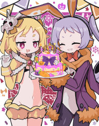 +_+ 2girls :3 :d animal_ears black_pantyhose blonde_hair blush border bow bowtie cake capelet closed_eyes commentary covered_navel cowboy_shot disgaea drooling food fur-trimmed_jacket fur_trim gloves grin halloween hands_up highres holding holding_plate jacket leotard long_hair long_sleeves majorita_(disgaea) majorita_(toto)_(disgaea) mouth_drool multiple_girls navel open_clothes open_jacket open_mouth outline outside_border pantyhose parted_lips pink_eyes plate purple_hair purple_jacket rabbit_ears red_bow red_bowtie short_hair short_shorts shorts smile suaman thick_eyebrows twintails usalia_(disgaea) white_border white_gloves white_leotard white_outline yellow_capelet yellow_shorts