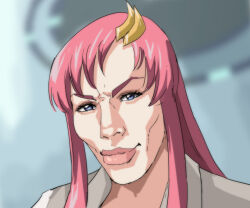 1girl blue_eyes blurry blurry_background cirenk gundam gundam_seed gundam_seed_freedom head_tilt highres kazuya_guy_(meme) lacus_clyne looking_at_viewer meme pink_hair pink_lips portrait shirt smile solo thick_lips v-shaped_eyebrows white_shirt