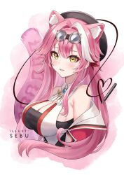Rule 34 | 1girl, animal ear fluff, animal ears, ascot, beret, black tube top, blush, breasts, cleavage, eyeshadow, goggles, goggles on head, hair intakes, hat, hololive, hololive english, large breasts, long hair, looking at viewer, makeup, multicolored hair, open mouth, panther ears, panther girl, panther tail, pink eyeshadow, pink hair, raora panthera, raora panthera (1st costume), sebu illust, smile, solo, strapless, streaked hair, tail, tube top, vest, virtual youtuber, white ascot, white unitard, white vest, yellow eyes