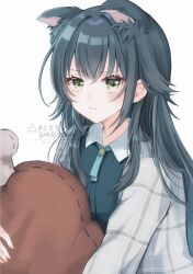 Rule 34 | 1girl, animal ears, cat ears, closed mouth, coat, collared shirt, commentary, food-themed pillow, gakuen idolmaster, green eyes, green hair, green shirt, grey coat, highres, holding, holding pillow, idolmaster, long hair, long sleeves, looking at viewer, pillow, plaid clothes, plaid coat, shirako (srk srtk), shirt, simple background, single tear, solo, tsukimura temari, upper body, watermark, white background