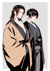 2boys axis_powers_hetalia black_hair blue_kimono border brown_eyes china_(hetalia) chinese_clothes chinese_commentary closed_mouth commentary_request cowboy_shot daxiushan fingernails grey_background grey_pants hand_fan hand_up haori highres holding holding_fan japan_(hetalia) japanese_clothes jingtianruoling kimono long_hair looking_at_viewer low_ponytail male_focus multicolored_hair multiple_boys open_clothes outside_border pants pom_pom_(clothes) ponytail purple_hair red_hair short_hair simple_background standing streaked_hair striped_clothes striped_pants vertical-striped_clothes vertical-striped_pants white_border