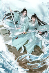 Rule 34 | 2boys, absurdres, ahoge, alternate costume, aqua coat, aqua hanfu, bishounen, black hair, blurry, boat, boots, brown eyes, chinese clothes, closed mouth, coat, depth of field, fighting stance, floating hair, full body, grey eyes, hair ribbon, hanfu, headband, high ponytail, highres, holding, holding sword, holding weapon, jian (weapon), lan wangji, light particles, long hair, long sleeves, looking at another, male focus, mg ms dayo, modao zushi, mountain, multiple boys, official art, on boat, open mouth, outdoors, pants, ponytail, ribbon, robe, sidelocks, smile, splashing, standing, sword, sword tassel, tassel, third-party source, very long hair, water, watercraft, waves, weapon, wei wuxian, white boots, white hanfu, white headband, white pants, white ribbon, wide sleeves, xiao guan (headdress)