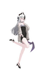 1girl absurdres bare_shoulders black_bow black_choker black_dress black_hair blue_archive bow choker commentary_request demon_horns dress finger_to_mouth grey_jacket grey_sweater hair_bow high_heels highres horns jacket jacket_partially_removed kayoko_(blue_archive) kayoko_(dress)_(blue_archive) long_hair looking_at_viewer low_wings momorin_(choco030309) multicolored_hair official_alternate_costume official_alternate_hairstyle red_eyes simple_background single_wing solo standing standing_on_one_leg strapless strapless_dress sweater white_background white_hair wings