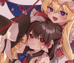 3girls ascot blonde_hair blue_ascot blush bow braid brown_hair closed_mouth commentary_request detached_sleeves dress frilled_bow frilled_hair_tubes frills gap_(touhou) hair_bow hair_tubes hakurei_reimu hat hat_bow highres kirisame_marisa long_hair mob_cap multiple_girls open_mouth purple_dress purple_eyes red_bow side_braid single_braid smile sweatdrop touhou white_bow witch_hat yakumo_yukari yellow_eyes yomogi_9392 yuri