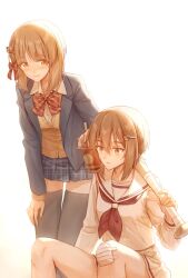Rule 34 | 2girls, bandaid, bandaid on knee, bandaid on leg, baseball bat, battle damage, black socks, blood, blood on face, blue jacket, blue neckerchief, blue skirt, blush, boko (girls und panzer), brown eyes, brown hair, closed mouth, collarbone, cowboy shot, cup, diagonal-striped ribbon, disposable cup, drinking straw, eyes visible through hair, girls und panzer, hair between eyes, hair ornament, hair ribbon, hand on own thigh, highres, holding, holding baseball bat, holding cup, injury, itsuki (tanakaitsukiiii), jacket, long sleeves, looking at another, miniskirt, multiple girls, neckerchief, nishizumi maho, nishizumi miho, open mouth, pleated skirt, ribbon, saucer, school uniform, serafuku, shirt, short hair, siblings, simple background, sisters, sitting, skirt, smile, socks, standing, striped clothes, striped ribbon, sweater, white background, white shirt, white skirt, wing collar, yellow sweater