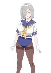 1girl 30-06 blue_eyes blue_one-piece_swimsuit blue_sailor_collar blush breasts brown_pantyhose gloves grey_hair hair_ornament hair_over_one_eye hairclip hamakaze_(kancolle) highres kantai_collection large_breasts looking_at_viewer old_school_swimsuit one-piece_swimsuit pantyhose sailor_collar school_swimsuit school_uniform serasuku short_hair short_sleeves simple_background solo swimsuit swimsuit_under_clothes thighband_pantyhose white_background white_gloves