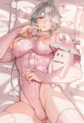 1boy alhaitham_(genshin_impact) alpaitham aqua_hair aranara_(genshin_impact) bulge cherry_blossoms clothing_cutout genshin_impact grey_eyes grey_hair hair_between_eyes hair_over_one_eye highres looking_at_viewer male_focus multicolored_hair nipples pink_sleeves pink_sweater short_hair solo sweater thighhighs white_thighhighs
