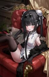 1girl absurdres black_eyes black_hair book breasts china_dress chinese_clothes cigar couch curtains dress globe hair_ornament highres mole mole_under_eye original riko_(rik0ring) sleeveless small_breasts solo sunglasses sweat thighhighs thighs
