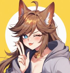 1girl ;p ahoge animal_ear_fluff animal_ears artist_name bell black_choker blue_eyes breasts chelzor_the_destroyer choker cleavage collarbone earrings eyelashes grey_jacket highres hood hood_down hooded_jacket indie_virtual_youtuber jacket jewelry long_hair neck_bell one_eye_closed sasucchi95 solo sparkling_eyes tongue tongue_out upper_body v virtual_youtuber