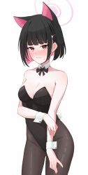 1girl absurdres animal_ears arm_at_side arm_under_breasts bare_arms bare_shoulders black_bow black_bowtie black_hair black_pantyhose blue_archive blunt_bangs blush bob_cut bow bowtie breasts brown_eyes cat_ears colored_inner_hair commentary cowboy_shot detached_collar english_commentary extra_ears hair_ornament hairclip halo highleg highleg_leotard highres kazusa_(blue_archive) leotard looking_at_viewer medium_breasts mer_lynn multicolored_hair pantyhose pink_hair pink_halo playboy_bunny rabbit_tail short_hair simple_background solo strapless strapless_leotard tail two-tone_hair white_background wrist_cuffs