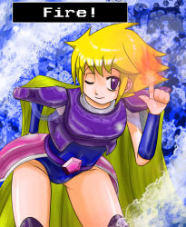 Rule 34 | 1girl, armor, belt, bent over, blonde hair, cape, faye, female focus, final fantasy, final fantasy mystic quest, fire, leotard, magic, mukadeyarou, purple eyes, short hair, shoulder pads, solo, wink