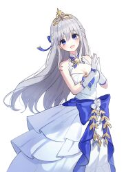 1girl absurdres adina_savic adina_savic_(eternal_bow) bare_shoulders black_survival blue_bow blue_eyes boong0619 bow breasts cleavage cleavage_cutout clothing_cutout commentary_request commission dress eternal_return:_black_survival gloves grey_hair highres korean_commentary long_dress long_hair looking_at_viewer medium_breasts official_alternate_costume open_mouth own_hands_together simple_background sleeveless sleeveless_dress smile solo tiara white_background white_dress white_gloves