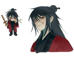 Rule 34 | 1boy, bell, black hair, black hanfu, black pants, black shoes, blood, blood on face, chibi, chibi inset, chinese clothes, chinese commentary, closed mouth, coat, coin, coin sword, dao gui yi xian, earrings, hair between eyes, hair bun, hair ornament, hair stick, hanfu, highres, holding, holding bell, holding sword, holding weapon, holed coin, jewelry, li huowang, long hair, long sleeves, looking at viewer, male focus, multiple views, open clothes, open coat, pants, parted lips, red coat, red eyes, robe, shoes, simple background, single hair bun, smile, sword, tushanlili, upper body, weapon, white background
