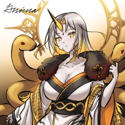 1girl alternate_costume blonde_hair breasts cleavage closed_mouth colored_inner_hair feather_boa fire_emblem fire_emblem_heroes grey_hair grimaisbestwaifu gullveig_(fire_emblem) horns japanese_clothes kimono large_breasts long_hair looking_at_viewer multicolored_hair nintendo signature single_horn smile snake snake_hair solo two-tone_hair very_long_hair white_kimono yellow_eyes yellow_horns