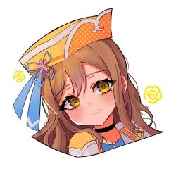 1girl blush brown_eyes brown_hair choker closed_mouth collar dot_nose dress fluffy_hair hat head_tilt highres jacket kunikida_hanamaru long_hair looking_at_viewer love_live! love_live!_sunshine!! ribbon rochie simple_background solo upper_body wavy_hair white_background yellow_eyes