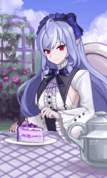1girl absurdres ascot black_bow black_bowtie black_nails bow bowtie breasts cake cake_slice center_frills chinese_commentary closed_mouth commentary_request food frilled_sleeves frills hair_bow highres large_breasts long_hair long_sleeves looking_at_viewer nail_polish pointy_ears purple_ascot purple_bow purple_hair red_eyes shirt shrug_(clothing) sidelocks smile solo vivian_banshee white_shirt white_shrug yitai_zhi_meng zenless_zone_zero