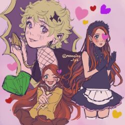 Rule 34 | 2girls, apron, black dress, black gloves, blonde hair, blush, chocolat meilleure, commentary, cropped legs, diamond (shape), dress, english commentary, gloves, green eyes, hair between eyes, headband, heart, highres, jewelry, momoiro lys, multiple girls, multiple views, one eye closed, open mouth, pendant, pointing, pointing at viewer, pointy ears, purple eyes, school uniform, smile, sugar sugar rune, twitter username, vanilla mieux