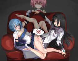 Rule 34 | 3girls, absurdres, akemi homura, akemi homura (magical girl), barefoot, black hair, blue eyes, blue hair, blush, breasts, caught, cheating (relationship), couch, couple, covered erect nipples, female fertilization, female orgasm, fertilization, gloves, glowing, glowing eyes, hair ornament, hairband, happy sex, heart, highres, impregnation, kaname madoka, long hair, magical girl, mahou shoujo madoka magica, medium breasts, miki sayaka, miki sayaka (magical girl), moaning, multiple girls, netorare, open mouth, orgasm, ovum, partially undressed, pink eyes, pink hair, purple eyes, pussy, ribbon, school uniform, small breasts, smile, soul gem, source request, sweat, tomodachi (tomofanart), tribadism, twintails, very long hair, yandere, yuri